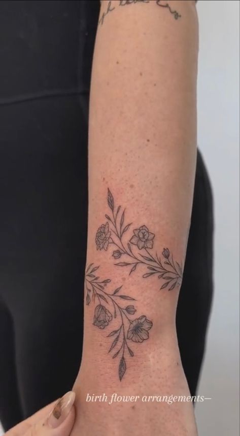 Wrapping Flower Tattoo, Carnation Arm Tattoo, Wrap Around Wrist Tattoo Birth Flower, Daffodil Wrap Around Tattoo, Morning Glory Wrap Around Tattoo, September And October Flower Tattoo, Morning Glory And Aster Flower Tattoo, Aster And Morning Glory Tattoo September, Birth Flower Vine Tattoos