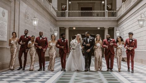 Rose Gold & Wine Wedding Party Burgundy Rose Gold Champagne Wedding, Wine Rose Gold Wedding, Red And Gold Bridal Party, Burgundy And Rose Gold Tuxedo Wedding, Burgundy And Gold Wedding Groomsmen, Red Wine And Gold Wedding, Rose Gold And Maroon Wedding Theme, Champagne And Wine Wedding Theme, Red And Gold Wedding Party Attire