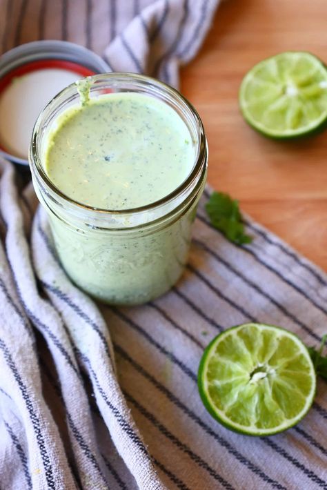 Creamy Cilantro Lime Dressing. - Healthy Elizabeth Cilantro Lime Ranch Dressing, Jalapeno Ranch Dressing, Pollo Tropical, Cilantro Garlic Sauce, Garlic Sauce Recipe, Cilantro Lime Sauce, Avocado Ranch, Cilantro Lime Dressing, Ranch Recipe