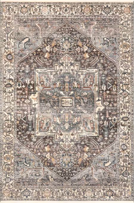 Edessa Fringed Medallion Silver Rug Black White And Brown Bedroom, White And Brown Bedroom, Area Rug Dark, Kitchen Dark, Different Design Styles, Hope Design, Bold Color Schemes, Dark Grey Rug, Vintage Medallion