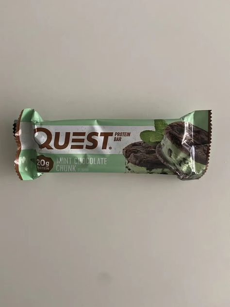 mint chocolate chunk quest protein bar Quest Bar Aesthetic, Mint Protein Bar, Homemade Quest Bars, Mint Chocolate Chip Protein Ice Cream, Quest Bars, Quest Protein Bars, Quest Bar, Kawaii Cooking, Mint Chocolate Chips