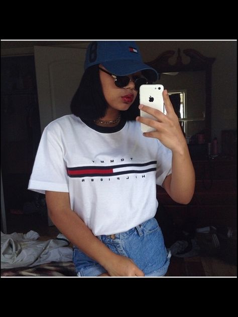 Like what you see⁉ Follow me on Pinterest ✨: @joyceejoseph ~ Tommy Girl Shirt Woman Outfit, Tommy Hilfiger T Shirt Woman, Hilfiger Outfits, Tommy Hilfiger Crop Top, Fashion Guys, 90s Fashion Women, Woman Outfit, Tommy Hilfiger T Shirt, 90s Fashion Outfits