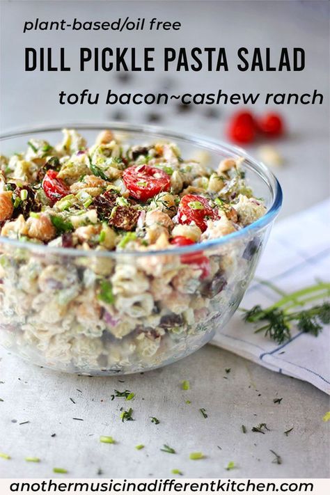 Lift your taste buds with healthy, oil free vegan dill pickle pasta salad - all your favorite flavors in one big bowl. Creamy dill pickle ranch dressing, tofu bacon, tomatoes, celery, onions and of course more dill pickles! #plantbased #salads #vegan #tofubacon #maketofu #pastasalad #veganranch #healthyrecipes #recipes #anothermusicinadifferentkitchen.com Pasta Salad With Bacon, Pickle Pasta Salad, Pickle Pasta, Dill Pickle Pasta Salad, Vegan Pasta Salad, Oil Free Vegan Recipes, Bacon Tomato, Brown Spots Removal, Oil Free Vegan