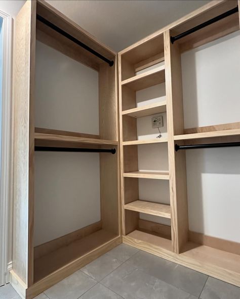 This master bedroom walk-in closet just got a complete makeover. ✨ Check out my latest custom closet system build. With plenty of rods to hang clothes, lots of shelving space and two dedicated shoe shelving units. This closet system was built to utilize every possible space. #closetsystem #closetshelving #closetorganization #closetbuild #organization #closets #wood #woodworking #maker #yesicanbuildthat Wrap Around Closet Shelves, Efficient Small Closet Layout, Shelving Ideas For Closet, Modular Walk In Closet, Low Budget Closet Ideas, Simple Large Walk In Closet, Walk In Closet Built Ins Diy, Bookshelf In A Closet, Small Walk In Closet Measurements