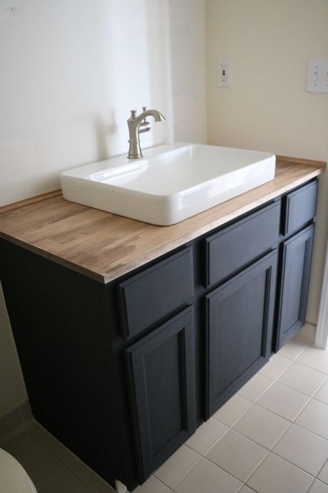 Installing Bathroom Vessel Sink, Wood Top Vanity Bathroom, Wood Counter Tops Bathroom, Wood Countertop Bathroom Vanity, Bathroom Vanity Butcher Block, Wood Bathroom Vanity Top, Bathroom Counter Remodel, Wood Sink Bathroom, Wood Countertop Bathroom