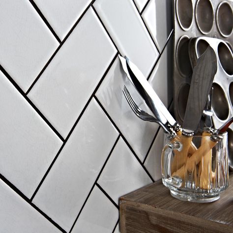 White Brick Tile, Herringbone Splashback, Tile With Black Grout, Kitchen Splashback Ideas, Crackle Glaze Tiles, Splashback Ideas, Herringbone Tile Pattern, Herringbone Tiles, Kitchen Splashback Tiles