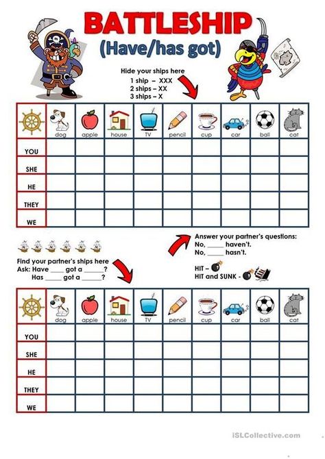 Here's a fun game to help your students practice or revise the usage of "have/has got" structure. Students draw the ships on their boards and then they start 'shooting' trying to guess where the partner's ships are. English Games For Kids, Teach English To Kids, Grammar Games, English Exercises, Esl Activities, English Games, English Worksheets For Kids, Kids English, English Classroom