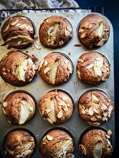 Sourdough Pear & Almond Muffins — Charisse van Kan Soul Food Menu, Pear Bread, Pear Muffins, Pear Almond, Breakfast On The Beach, Almond Muffins, Saturday Morning Breakfast, Sourdough Pancakes, Pear Recipes