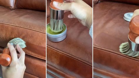 Video shows how a furniture salve can 'revive' old couches Leather Sofa Decor, Cleaning Leather Couch, Leather Furniture Repair, Furniture Salve, Leather Restoration, Repurposed Decor, Vintage Couch, Furniture Fix, Couch Fabric