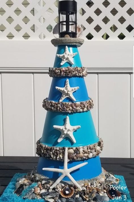 My Lighthouse, Diy Lighthouse, Clay Pot Lighthouse, Lighthouse Crafts, Nautical Ideas, Pot Heads, Coastal Farmhouse Decor, Dark Water, Terra Cotta Pot Crafts