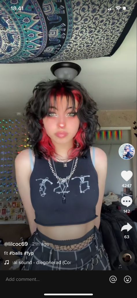 Punk Rock Hair Color Ideas, Red Underdye Hair Wolfcut, Punk Rock Hairstyle, Cool Hair Dye Ideas For Short Hair Alt, Y2k Highlights Hair Red, Shag Hair Dye Ideas, Black And Red Shag Hair, Y2k Hair Dye Ideas Curly Hair, Red Underdye Hair Short