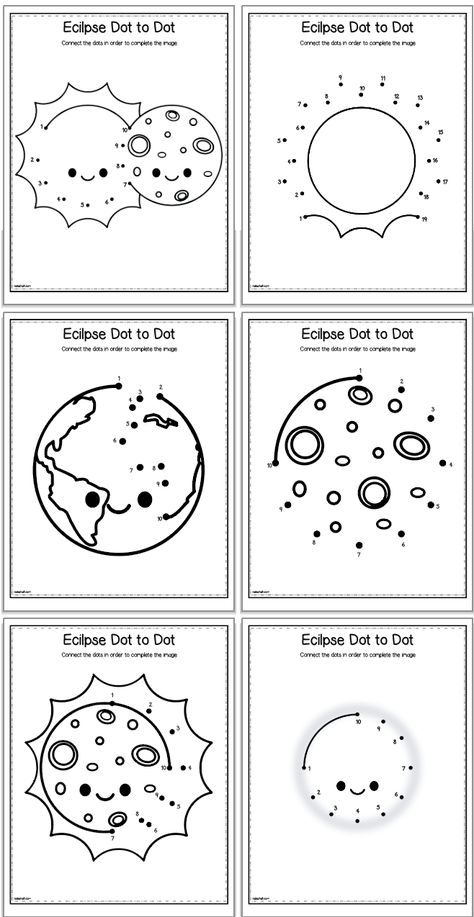 These free printable solar eclipse dot to dots worksheets are perfect for preschool, kindergarten, and even first grade students! Grab your free eclipse themed connect the dots coloring pages today. Free Solar Eclipse Printables, Dots Coloring Pages, Sand Art Crafts, Kindergarten Science Activities, Dot To Dot Printables, Kids Printable Art, Dots Free, Dot Worksheets, Free Wall Art