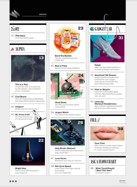 Wired USA – February 2017 contents Magazine Content, Workout Headphones, Wired Magazine, Magazine Layouts, Magazine Contents, Marine Electronics, Magazine Layout Design, Graphic Design Layouts, Poster Designs