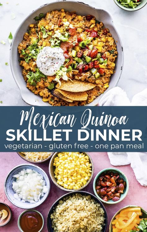 This Mexican quinoa is a vegetarian and gluten free recipe that utilizes leftovers! The best part? It's all made in one pan! It's great for a quick dinner or as an appetizer for football season. Thanks to our favorite gluten free grain quinoa, this Mexican skillet dinner is rich in complete protein and iron. Vegan option in the recipe!  #vegetarian #skillet #onepanmeal #dinner #glutenfree Mexican Skillet Dinner, Vegetarian Skillet, Quinoa Skillet, Healthy Skillet Meals, Mexican Skillet, Clean Eating Vegetarian, Mexican Quinoa, Gluten Free Meal Plan, Freezable Meals