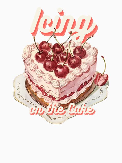 Vintage Cake Illustration, Vintage Cherry Cake, Vintage Retro Illustration, Cake Classic, Cake Illustration, Vintage Dessert, Cherry Cake, White Icing, Cherry On Top