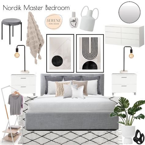 Scandinavian Bedroom Moodboard, Grey Bedroom Mood Board, Bedroom Moodboard Interior Design, Memphis Bedroom, Olive Bedroom, Mood Board Bedroom, Scandinavian Style Bedroom, Women Bedroom, Grey Bed