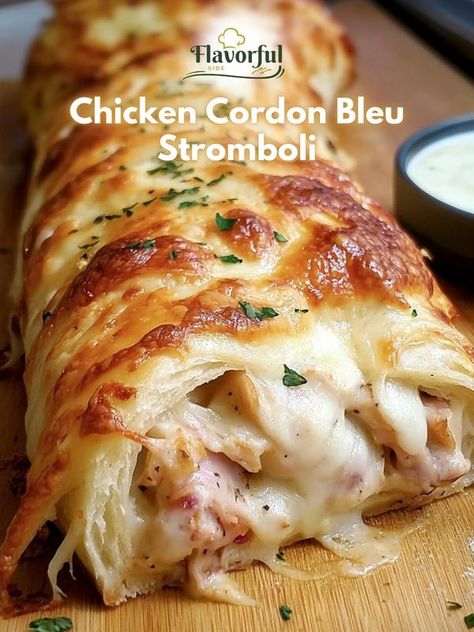 Flavorful side | Chicken Cordon Bleu Stromboli | Facebook Chicken Cordon Bleu Stromboli, Cordon Blue, Blue Dishes, Chicken Cordon, Chicken Cordon Bleu, Cooked Chicken, Chicken Main Dishes, Party Appetizer, Food Picks