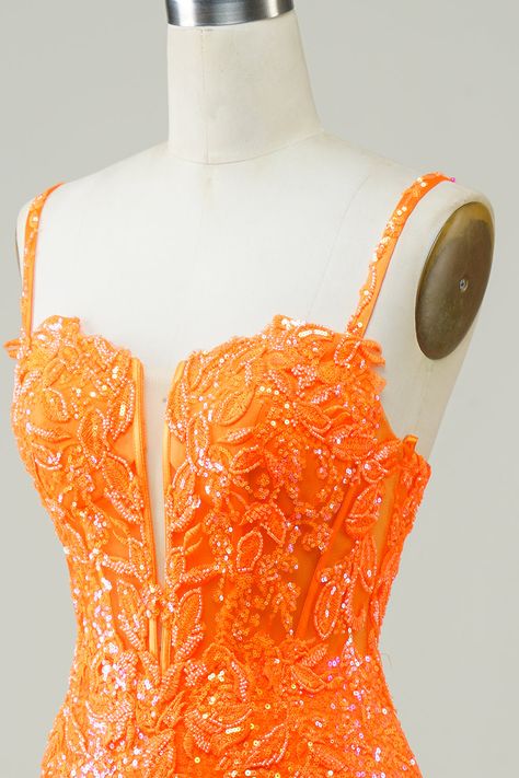 ZAPAKA Women Glitter Orange Tight Homecoming Dress with Beaded Spaghetti Straps Cocktail Dress Orange Hoco Dress, Senior Hoco, Hoco 2024, Hoco Inspo, Hoco Ideas, Tight Homecoming Dress, Lovely Partner, Hoco Dress, Corset Lace