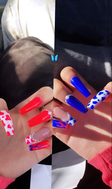 Long 4th Of July Nails, Red And Blue Nail Ideas, 4th Of July Nails Acrylic Coffin, Red And Blue Nails Acrylic, Red And Blue Nails Design, Nail Manifestation, Red Blue Nails, July Acrylic Nails, Blue And Red Nails