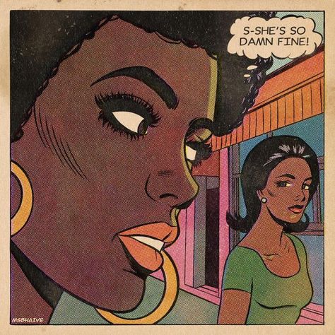 Lesbian Pop Art Comic, Poc Sapphic, Vintage Queer Art, Black Sapphic Art, Black Sapphic Aesthetic, Retro Comic Aesthetic, Lesbian Artist Aesthetic, Black Wlw Art, Camille Core