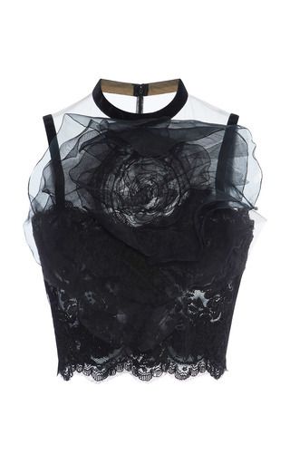 Lace Up Front Top, Tank Tops Black, Marchesa Fashion, Tulle Skirts Outfit, Marchesa Spring, Formal Top, Lace Up Crop Top, Lace Front Top, Oversized Crop Top