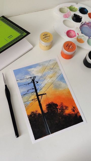 Acrylic | Watercolor | Gouache on Instagram: "Doesn't an orange sky make all your worry go away? This is part 2 of my upcoming gouache series... Use my code SHIPRA05 to avail 5% discount on any Menorah Product. 👩‍🎨 Follow @huesbyshipra for more such artworks and videos! Materials used: 📃: 240gsm 100% cotton A5 gouache pad from @menorah.stationery 🎨: Gouache paint from @flashpaints_official and @brustro_official 🖌️: Brushes from @kokuyo.camlin and @artistsden.brushes 〰️〰️〰️〰️〰️〰️〰️〰️〰️〰️〰️〰️ Detail Painting, Watercolor Gouache, Gouache Paint, Detailed Paintings, Orange Sky, Orange Colour, Bottle Painting, Menorah, Gouache Painting