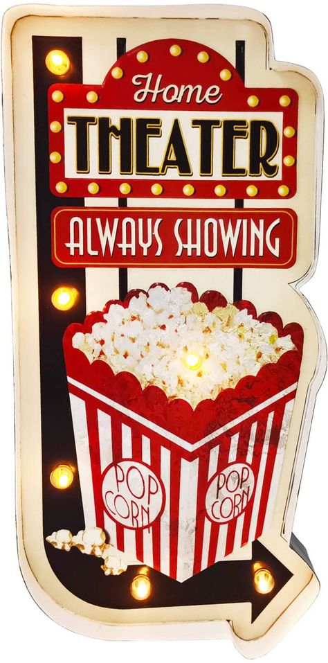 PRICES MAY VARY. 【LED Lighted Popcorn Signs】LED lighted up popcorn sign! Only 2 steps to light it up! Step 1: Insert 2 AA batteries(not included) into the back of the sign; Step 2: turn on the switch button at bottom. 【Home Snacks Signs, Home Cinema!】Enjoy your home cinema party! Made of metal and wooden. Wall mounted design(nails not included),funny natural light popcorn sign great for apartment, home bar, kitchen, and popcorn shop. 【Vintage Popcorn Signs】Looking for that retro feel? A must hav Vintage Popcorn Sign, Snacks Sign, Popcorn Sign, Cinema Party, Popcorn Stand, Vintage Popcorn, Tin Decor, Cinema Sign, Popcorn Shop