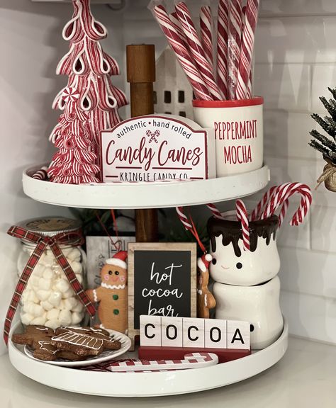 Candy Cane Tiered Tray, Candy Cane Tiered Tray Decor, Hot Cocoa Tiered Tray Decor, Living Room Ideas Christmas, Hot Chocolate Tiered Tray, Living Room Country Style, Hot Chocolate Station Ideas, Room Ideas Christmas, Christmas Hot Chocolate Station