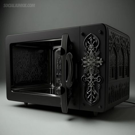 Goth Kitchen Ideas, Poison Nightmares, Goth House, Goth Kitchen, Goth Houses, Gothic Kitchen, Gothic Decor Bedroom, Black Microwave, Purple Gothic