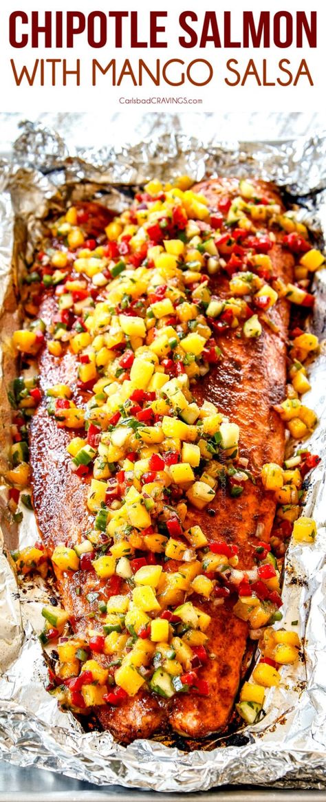 EASY Baked Chipotle Salmon with Mango Salsa (VIDEO!) Salsa Salmon Recipes, Salmon And Mango Salsa, Salsa Salmon, Chipotle Salmon, Salmon With Mango Salsa, Recipes Mango, Salmon With Mango, Mango Salsa Salmon, Salmon Recipes Baked