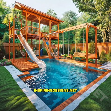 These Backyard Pool Playgrounds Bring the Water Park Right to Your Home Backyard Pool Playground, Backyard Park Ideas, At Home Water Park, Backyard With Pool Ideas, Backyard Water Slide, Pool Playground, Backyard Water Parks, Wooden Pool, Dream Backyard Pool