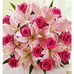 Magnificent Pink Rose and Lily Bouquet Rose Lily Bouquet, Rose And Lily Bouquet, Pink Lilies, Pink Glass Vase, Mother's Day Bouquet, Hot Pink Roses, Lily Bouquet, Asiatic Lilies, Rose Lily