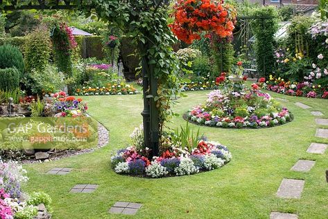 Colourful back garden with borders filled with tender bedding plants including Alyssum, Begonia, Cosmos, Geranium, Impatiens, Lobelia, Marigold and Petunia, herbaceous border, ornamental pond and greenhouse. Manvers Street, Derbyshire NGS Pedestrian Walkway, Herbaceous Border, Outdoor Landscape, Plant Photography, Back Gardens, Bedding Plants, Outdoor Landscaping, Back Garden, Petunias