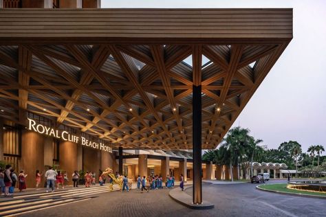 Royal Cliff Beach Hotel by DBALP – Wison Tungthunya & W Workspace Cliff Beach, Hotel Canopy, Hotel Facade, Hotel Exterior, Facade Architecture Design, Community Halls, Hotel Entrance, Facade Lighting, Hotel Building