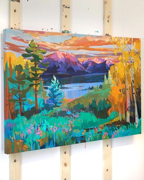 Mountain Top Painting, Colourful Mountain Painting, Happiness Painting Inspiration, Colorado Mountain Painting, Colorado Aesthetic House, Colorful Mountain Art, Mountain Abstract Painting, Colorado Mural, Colorful Mountain Painting