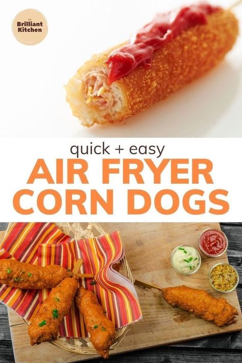 Corn dogs are a delicious treat. In the past, this meant frying them in oil and watching as they turn brown from being deep fried. Air fryers have changed all that! Now you can enjoy your favorite corn dog without worrying about the fat content or calories of traditional cooking methods. Try out these air fried corn dogs with your family for dinner tonight! Check out the recipe at www.thebrilliantkitchen.com | lunch recipes Air Fryer Korean Corn Dogs, Corn Dog Air Fryer, Air Fryer Corn Dogs, Air Fried Corn, Korean Corn Dog Recipe, Air Fryer Corn, Fair Recipes, Homemade Corndogs, Air Fryer Snacks