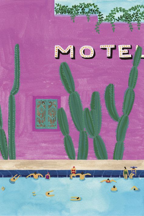 Motel Pool at ArtfullyWalls, undefined Motel Pool, Swimming Posters, Cactus Rose, Pool Art, Artfully Walls, Gouache Painting, Photo Canvas, Whimsical Art, Original Watercolor Painting