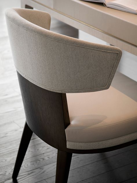 Defined by its shape and exquisite materiality the Abel Dining Chair is guaranteed to elevate your aesthetic. The Abel Dining Chair is a versatile piece, perfect for dining rooms, studies, or even as an occasional piece. This modern yet timeless design exudes sophistication, with an elegantly curved back, formed from a rich, dark stained oak and an upholstered soft fabric backrest. The faux leather seat pad and contrasting fabric seat base elevate its contemporary aesthetic. Each chair is built Modern Classic Dining Chair, Dining Chair Contemporary, Chair Styling, Laura Hammett, Presidential Suite, Luxury Dining Chair, Table Bases, Stained Oak, Dining Table Bases