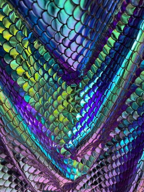 "Mermaid design Iridescent green/blue/purple 4-way stretch 58/60\" Sold by the YD. Ships worldwide from Los Angeles California USA" Bug House, Mermaid Design, Motif Art Deco, Purple Vibe, Energy Art, Iridescent Green, Bleu Violet, Green Blue Purple, Neon Aesthetic