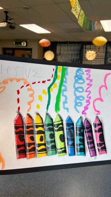 Kindergarten Crayon Art Project, Color Art Kindergarten, Color Mixing Kindergarten Art Projects, Rainbow Crayon Art, Element Of Art Line Projects, Crayon Art Projects For Kids, Beginning Of The Year Art Projects, 5th Grade Art Lessons, Art Class Projects