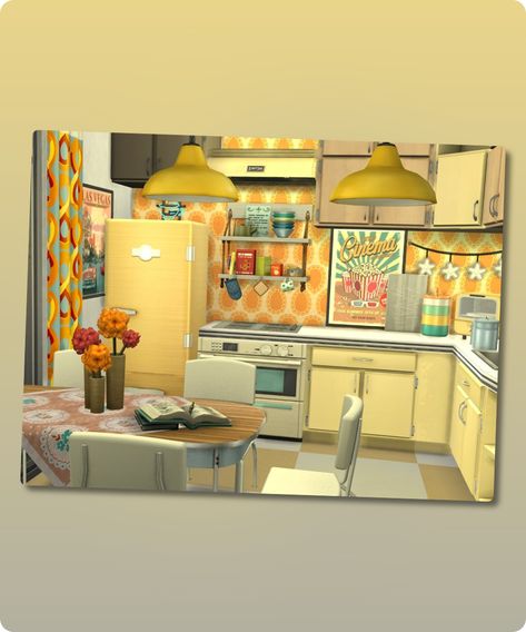 Sims 4 Kitchen CC: Retro Kitchen Sims Retro Cc, Sims 4 Cc Colorful Kitchen, Sims4cc Kitchen, Sims 4 Retro Cc, Sims4 Ideas, Retro Apartment, Sims 4 Kitchen, Hall House, Sims 4 Cc Download