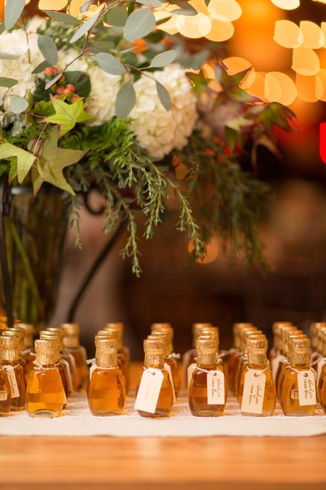 Mini bottles of maple syrup looked beautiful at this October wedding's favor display. Maple Syrup Wedding Favors Gift Ideas, Maple Syrup Favors, Vermont Wedding Fall, Maple Syrup Wedding Favors, October Wedding Favors, Vermont Wedding Favors, Maple Wedding, Woodstock Wedding, Wedding Favour Ideas