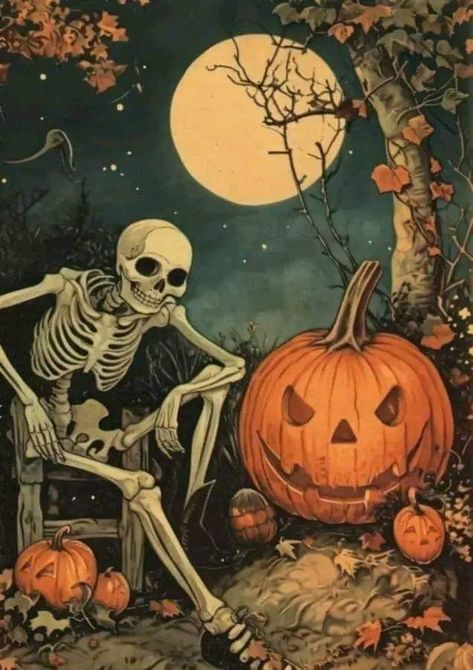 Pumpkin Skeleton Wallpaper, Vintage Halloween Illustration Art, Halloween Wallpaper Pattern, Vintage Halloween Art Wallpaper Iphone, Spooky Pumpkin Wallpaper, Vintage Halloween Printables Free, Vintage Halloween Wallpaper Iphone, Old Halloween, Halloween Wallpaper Skeleton