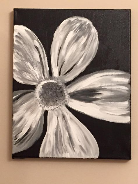 Acrylic painting on Canvas by Lisa Fontaine.  Flower.  Black and White.  B&W. Painting Ideas Black And White, Flower Black And White, Black Canvas Paintings, Black And White Flower, Painting Canvases, Flower Black, Black And White Painting, Night Painting, Acrylic Painting On Canvas