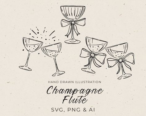 Champagne Glasses Decorated, Bar Menu Wedding, Illustration Simple, Wedding Champagne, Hand Drawn Wedding, Svg Wedding, Drawing Frames, Wedding Illustration, Vintage Champagne