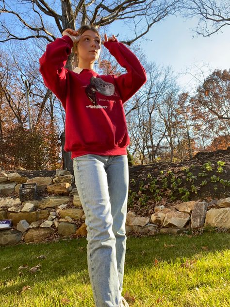 Sweatshirt Over Collared Shirt Outfit, Red Collared Shirt Outfit, Long Sleeve Collared Shirt Outfit, Red Sweatshirt Outfit Aesthetic, Red Sweatshirt Outfit Winter, Sweatshirt With Collared Shirt Outfit, Red Oversized Tshirt Outfit, Red T Shirt Outfit, Sweater With Collared Shirt