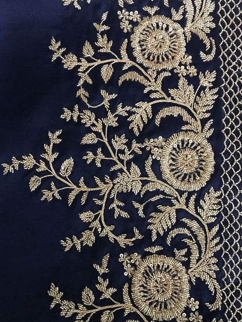 Couture Embroidery Designs, Zari Work Embroidery Design Suits, Zardozi Work Design Gold Embroidery, Zari Work Embroidery Design, Dabka Work Embroidery, Zari Work Embroidery, Gold Work Embroidery, Embroidery Boutique, Zardozi Embroidery