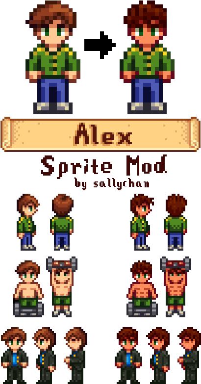 Alex Stardew Valley Sprite, Stardew Valley Male Farmer, Stardew Valley Mods Character, Stardew Valley Character Ideas, Stardew Valley Alex Fanart, Stardew Valley Portrait Mod, Alex Stardew Valley Fanart, Stardew Valley Portraits, Stardew Valley Characters