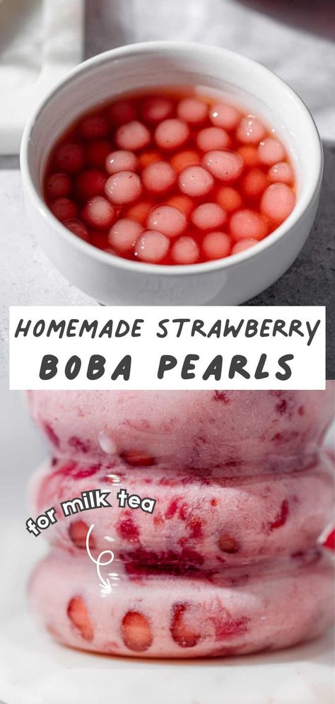 Strawberry Matcha Boba Tea, Strawberry Tapioca Pearls Recipe, Diy Bubble Tea Pearls, Boba Recipes Tapioca Pearls Strawberry, Boba Tea Pearls Recipe, Milk Tea Recipes Homemade, How To Make Strawberry Boba Pearls, How To Make Strawberry Boba, How To Make Strawberry Milk