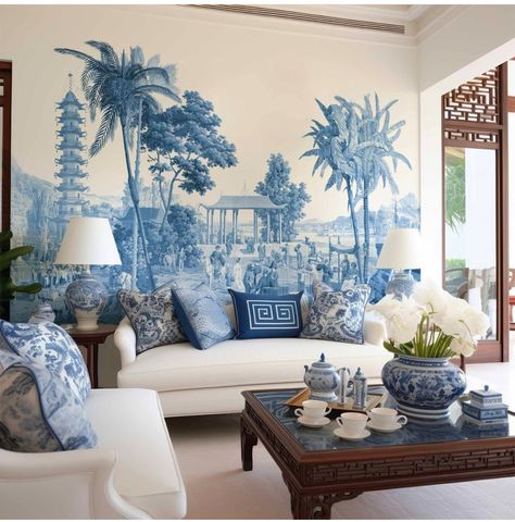 French Mural, Blue Wallpaper Living Room, Blue Chinoiserie Wallpaper, California Decor, Blue Chinoiserie, Blue White Decor, Chinoiserie Wallpaper, Mural Wall, Decoration Originale